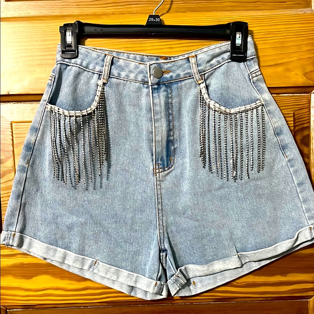 Light Washed Denim Shorts with Rhinestone Fringe Rolled Cuff Small